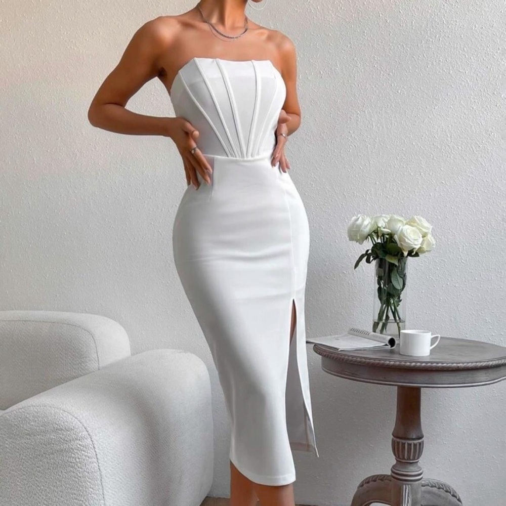 SHEIN BAE White Strapless Corset Midi Dress – Size Medium – NWT